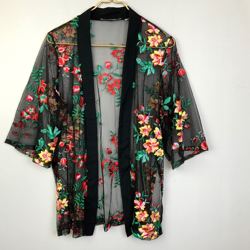 Valerie Stevens Sz Small Black Sheer Mesh Floral Embroidered Open Kimono Topper